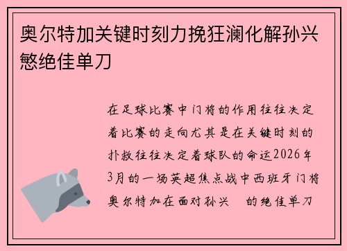 奥尔特加关键时刻力挽狂澜化解孙兴慜绝佳单刀