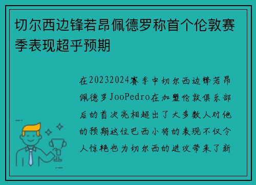 切尔西边锋若昂佩德罗称首个伦敦赛季表现超乎预期 切尔西边锋若昂佩德罗称首个伦敦赛季表现超乎预期