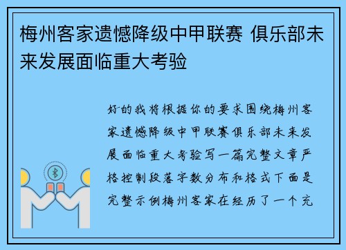 梅州客家遗憾降级中甲联赛 俱乐部未来发展面临重大考验