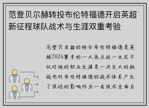 范登贝尔赫转投布伦特福德开启英超新征程球队战术与生涯双重考验