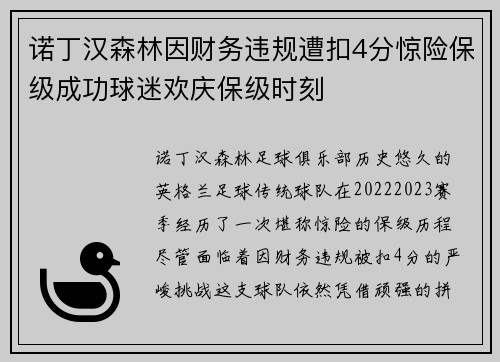 诺丁汉森林因财务违规遭扣4分惊险保级成功球迷欢庆保级时刻